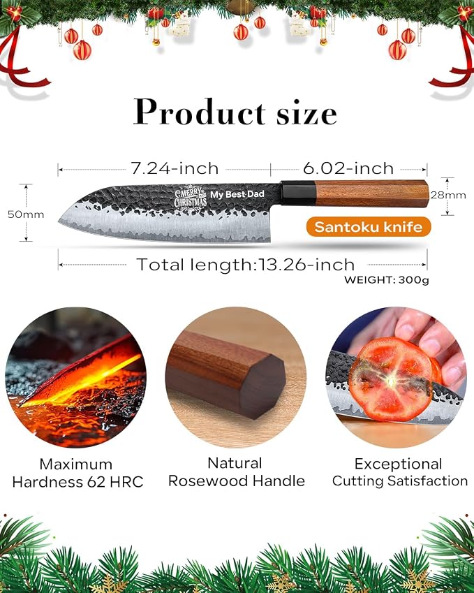 FAMCÜTE Engraved 7‘’ Japanese Santoku Knife, Hand Forged 5-Layer Steel Chef'Knife with Rosewood Handle, Memorial Gifts for husband, Ultra Sharp Kitchen Knife for Dad Birthday Gift (Luxury Wood Box)