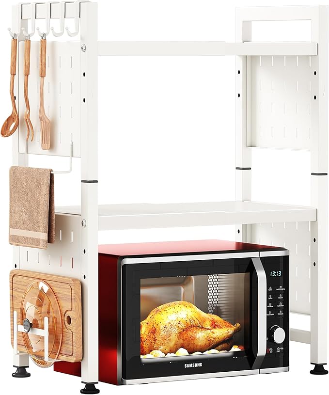 Microwave Stand, 3-Tier Expandable(17.4"-27.4") Microwave Oven Rack, Heavy Duty Adjustable Shelf with 9 hooks, Kitchen Organizer Storage Shelves for Pantry, Countertop, Coffee Bar, Office, Dorm, White