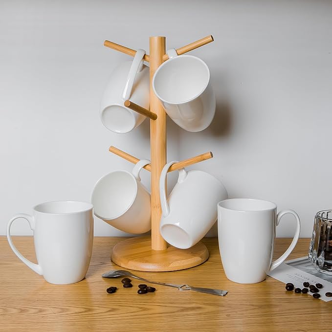 Plain White Fine Bone China Blank Coffee Mugs Set of 6, 11 Oz Tea Cups with Large Handle, Lightweight Ceramic Coffee Mugs, Aesthetic Coffee Cups