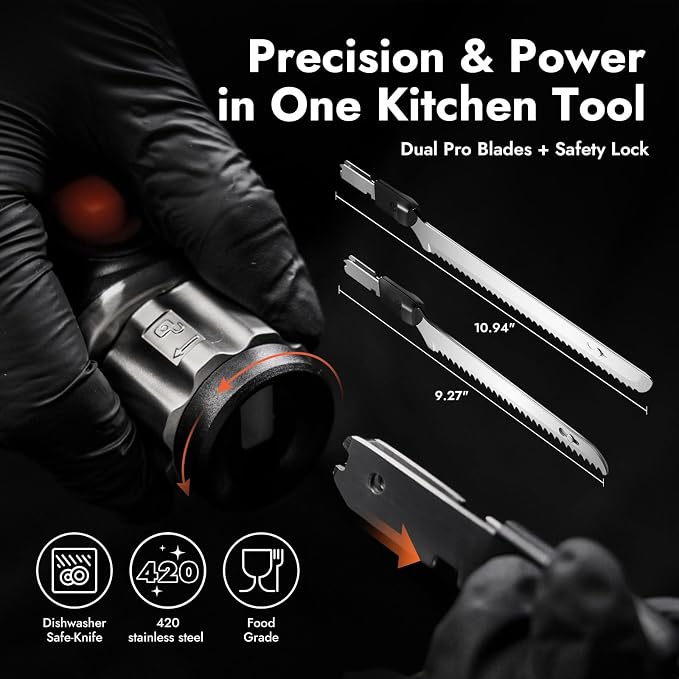 Cordless Electric Knife for Meat Slicing, 45W High-Torque | 420 Stainless Blades, Dishwasher-Safe, Carving Knife for Turkey & Bread, 50-Min Runtime, Type-C Charging, Dual Safety Lock