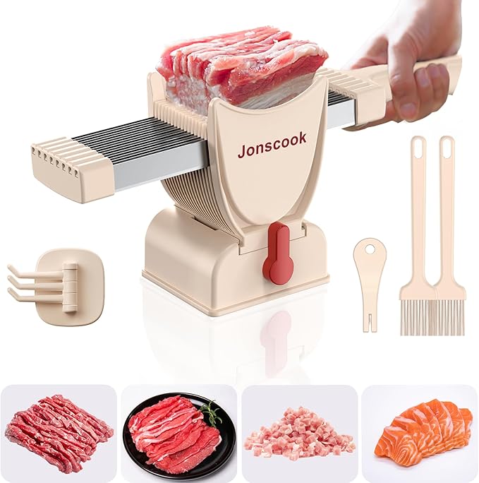 Fresh Meat Slicer, Manual Fresh Meat Cutter, Meal Prep Ideas, Adjustable Thickness 2mm or 4mm, 17 Blades get 18 Meat Slices, Meat Cleavers can be Sliced, Striped, Diced -Pink