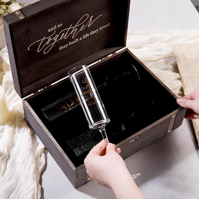 Physkoa Engagement Gifts for Couples-Toasting Mr and Mrs Champagne Glasses with Keepsake Box– Bride and Groom Champagne Flutes for Wedding Engagement Bridal Shower