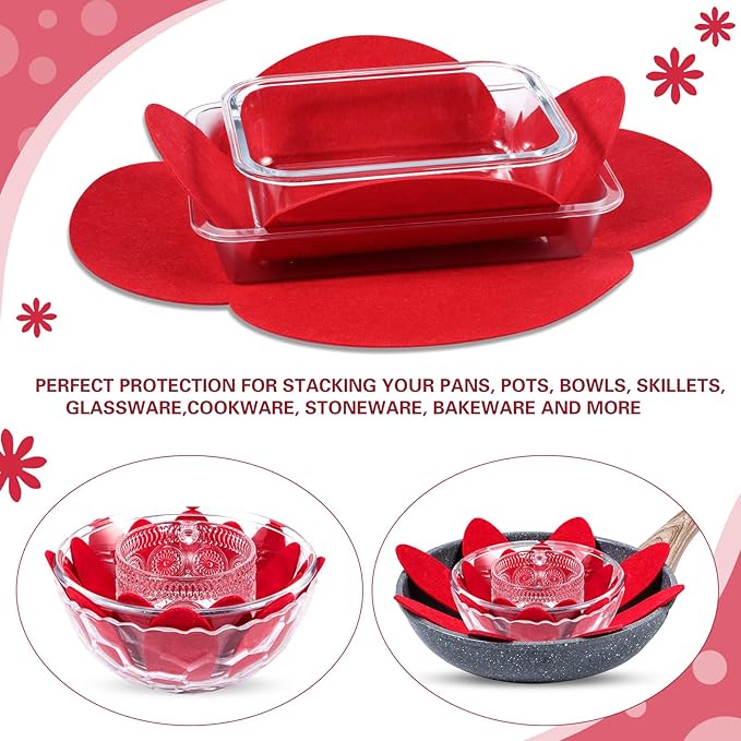 Queekay 36 Pcs Felt Pot Pan Protectors Dish Dividers Separators Bakeware Cookware Scratch Protectors Different Sizes, Thicker Pan Pads for Stacking Cookware Organizing Protecting(Red)
