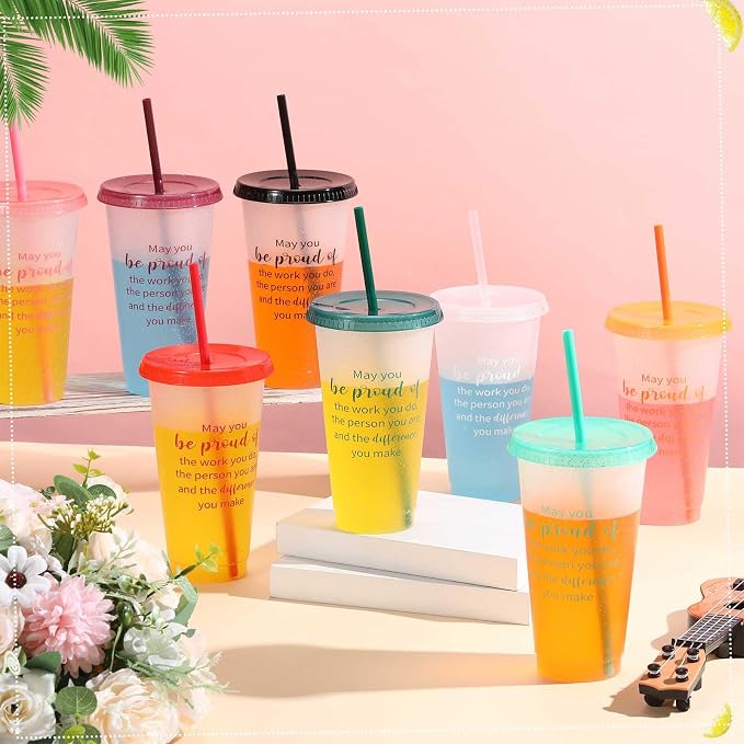 Dandat 16 Pcs Employee Appreciation Gifts Bulk 24 oz Thank You Cups Gift for Nurse Coworker Team Staff Teacher Inspirational Plastic Tumblers with Lids Straws (Clear)
