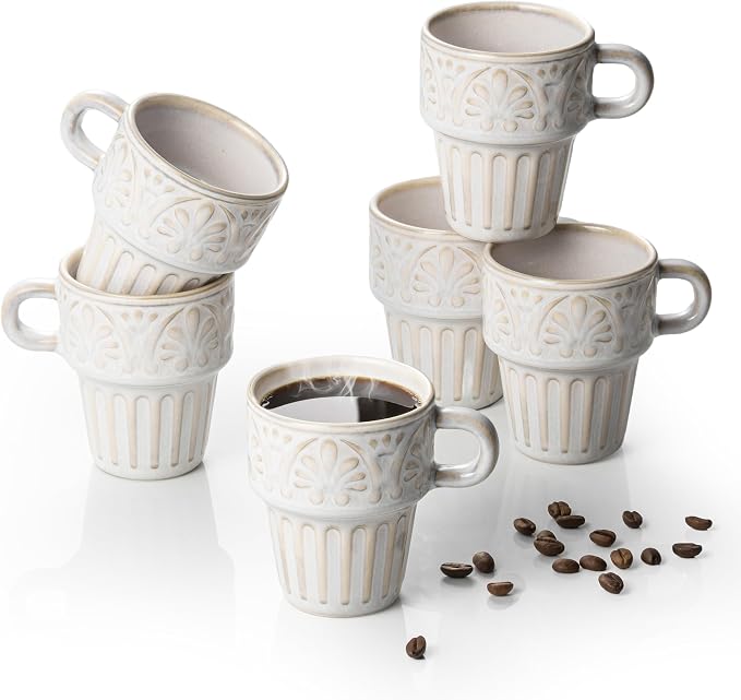 LYEOBOH Cappuccino Cups, Espresso Cups, Coffee Mugs Set of 6, Ceramic Cup, 6 OZ Beige Stackable Mug Set of 6, Easy To Clean Comfortable Handle for All Ages, Great for Party Dinner & Festival Gifts