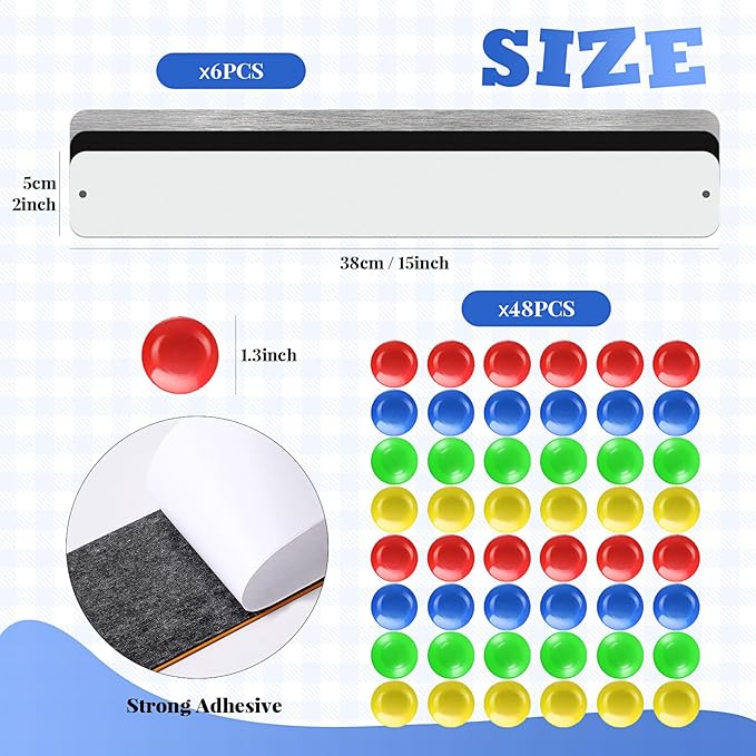 6 Pcs 15" x 2" Magnetic Display Board Souvenir Bulletin Board Strip Set with 48 Pcs Colorful Magnet for Office Home Wall Display Notes, Photos(Silver, Black, White)