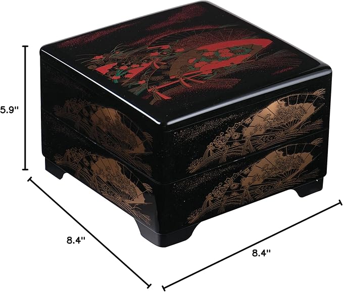 IPPINKA Japanese Traditional Jyubako Bento Box, Made in Japan, Gold Fan, 8.4 x 8.4 x 5.9
