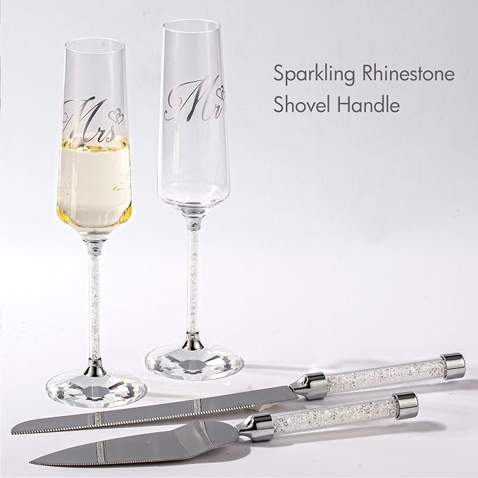Wedding Cake Knife and Server Set, Mr and Champagne Flutes with Wedding Cake Cutting Set for Bride and Groom Toasting (Clear)