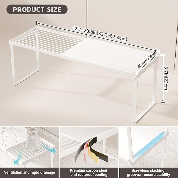 Magheo Expandable Cabinet Shelf Organizer, 2 Pack Stackable Kitchen Counter Shelf Riser, Metal Spice Rack Adjustable Heavy Duty Countertop Organizer Storage for Kitchen, Pantry, Cupboard, Rv (White)