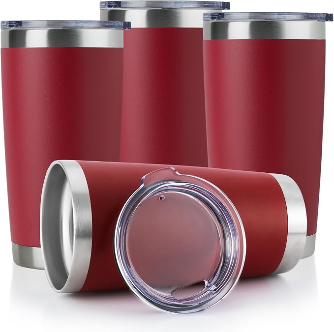 DOMICARE 20oz Stainless Steel Tumbler Bulk with Lid, Double Wall Vacuum Insulated Travel Mug, Powder Coated Coffee Cup, Powder Red, 4 Pack