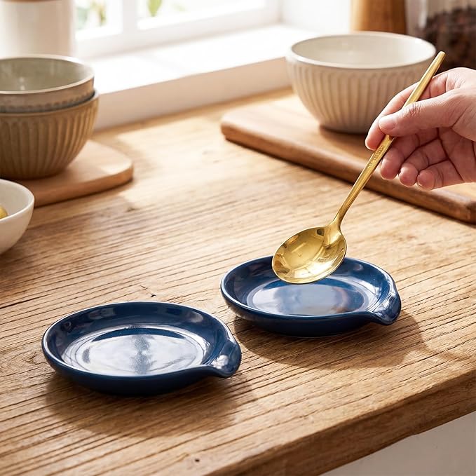 Irenare 8 Pcs Ceramic Spoon Rest for Stove Top, 3.74 Inch Porcelain Spoon Holder, Coffee Utensil Rest Heat Resistant Dishwasher Safe for Home Kitchen Accessories Gift(Blue)