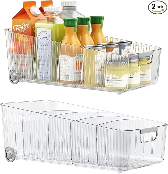 Fridge Organizer Bins with Wheels, Pull Out Fridge Organizer, Adjustable Dividers and Easy Pull Handles, Clear Plastic, 2-Pack, Suitable for Kitchen, Pantry and Cabinet Deep Shelves