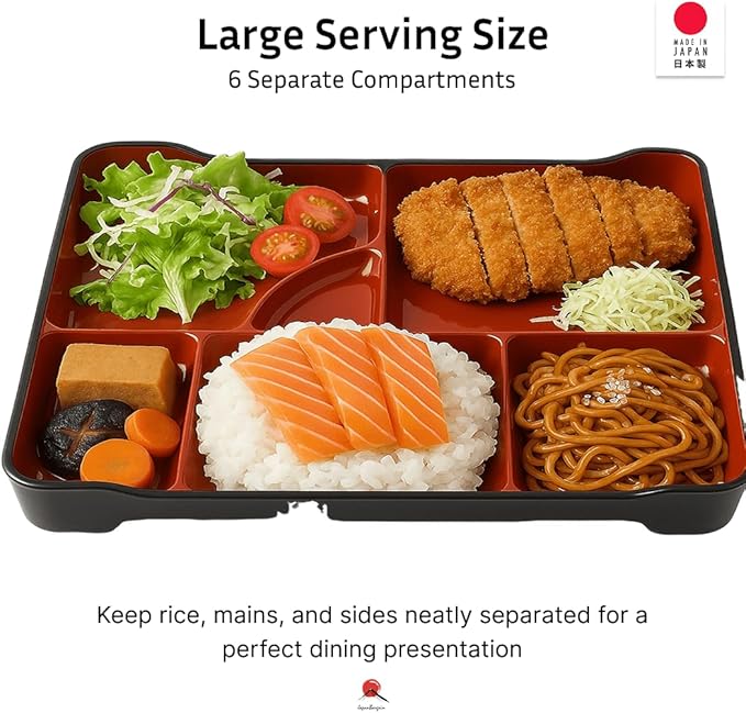 JapanBargain 1590, Japanese Lunch Bento Box Traditional Plastic Lacquered Bento Plate 6 Compartments for Restaurant or Home, Red and Black Color, 14"x9.25", Made in Japan, 10 Pack