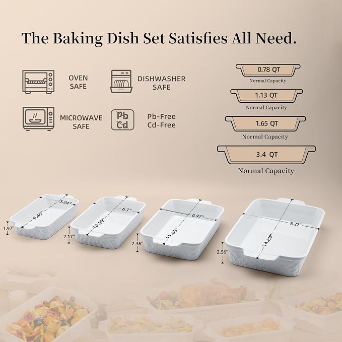 Dafuceramic Casserole Dishes for Oven, Baking Dishes, Ceramic Bakeware Sets of 4, Rectangular Baking Pan Set with Handles for Baking, Casserole, Kitchen, Wedding Gift,White