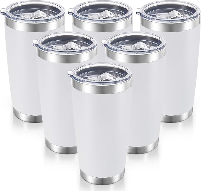 20 oz Tumblers Bulk Stainless Steel Tumbler with Lid Double Wall Vacuum Insulated Coffee Mug 20oz Powder Coated Cup for Hot and Cold Drinks, White, 6 pack