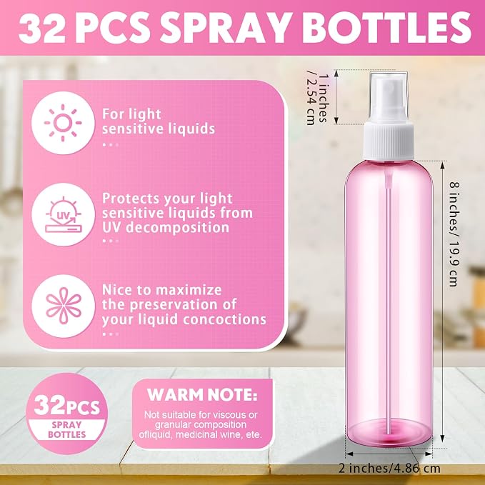 Eccliy 32 Pcs 8 oz Spray Bottles Fine Mist Plastic Spray Bottles Clear Empty Sprayer Hairs Refillable Travel Sprayer with Pump Cap for Cleaning Oils Travel Perfumes(Pink,Clear)