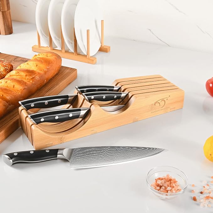In-Drawer Knife Block with 5 Pieces Japanese Damascus Knives, Bamboo Knife Drawer Organizer with 67-Layer Damascus Steel, Perfect for Home and Chefs, Slots for 5 Knives Kitchen Drawer, Counter Top