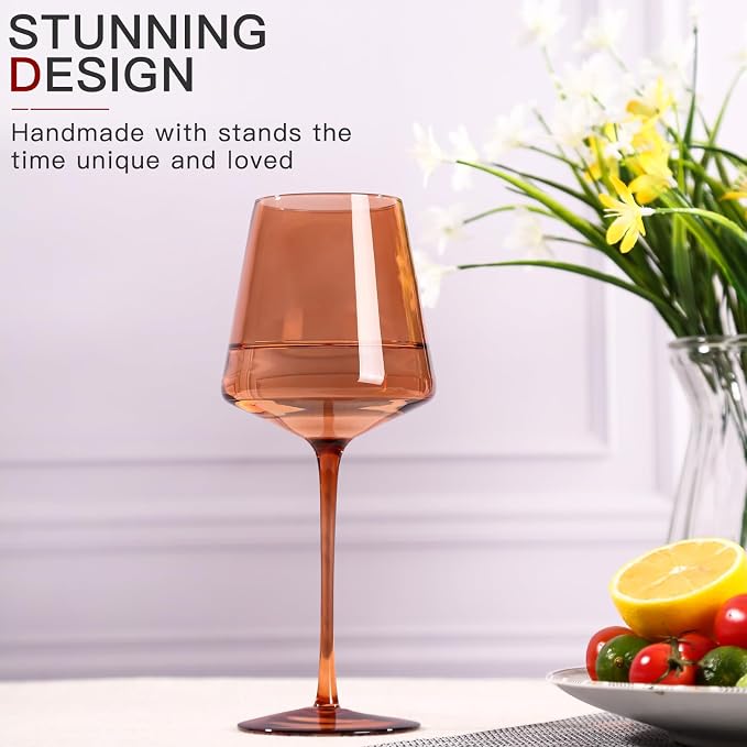 Brown Wine Glasses Set of 6-18oz【Original Hand Blown】 Colored Wine Glasses with Tall Long Stems and Flat Bottom, Amber Colored Glassware-Unique Gifts for Wine Lovers-Wedding Gifts