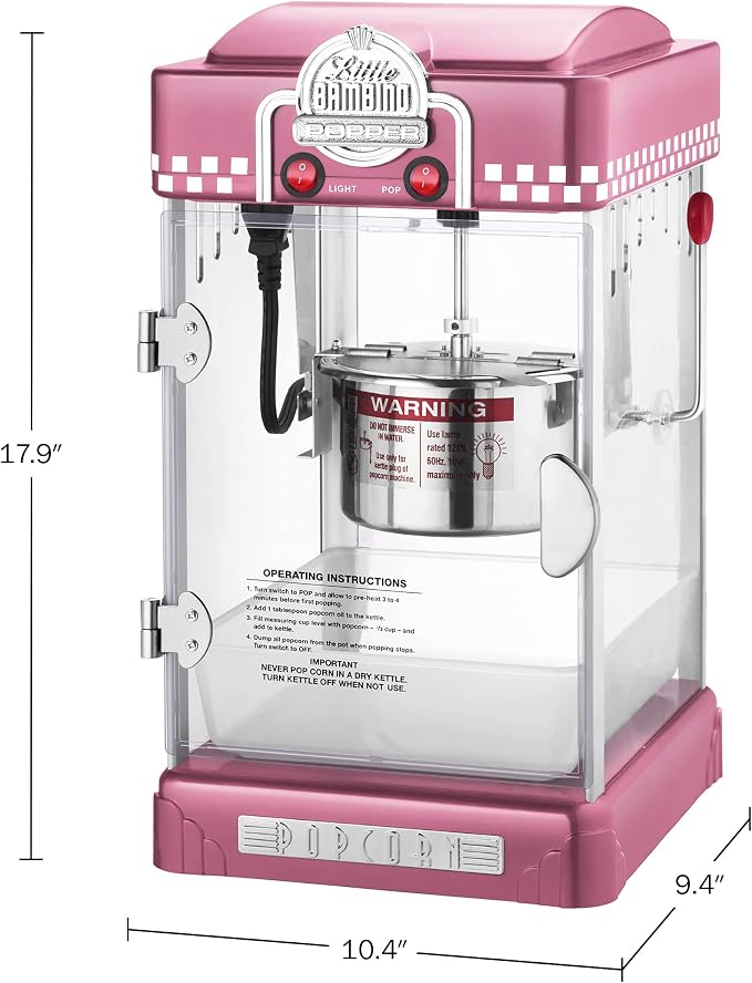 Little Bambino Popcorn Machine - 2.5oz Tabletop Movie Theater Popcorn Popper with Stainless-Steel Kettle by Great Northern Popcorn (Pink)