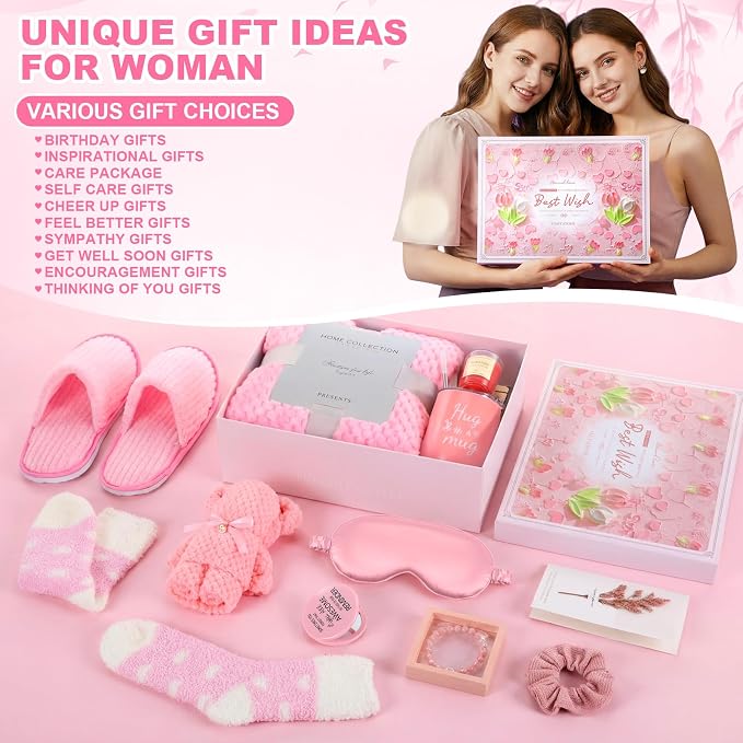 Sieral 14 Pcs Birthday Gifts for Women Care Blanket Gifts Set Spa Baskets Get Well Soon Gift Baskets Mother's Day Gift for Women Mom Her Girlfriend Sister Daughter Friend Wife Grandma(Plain,Pink)