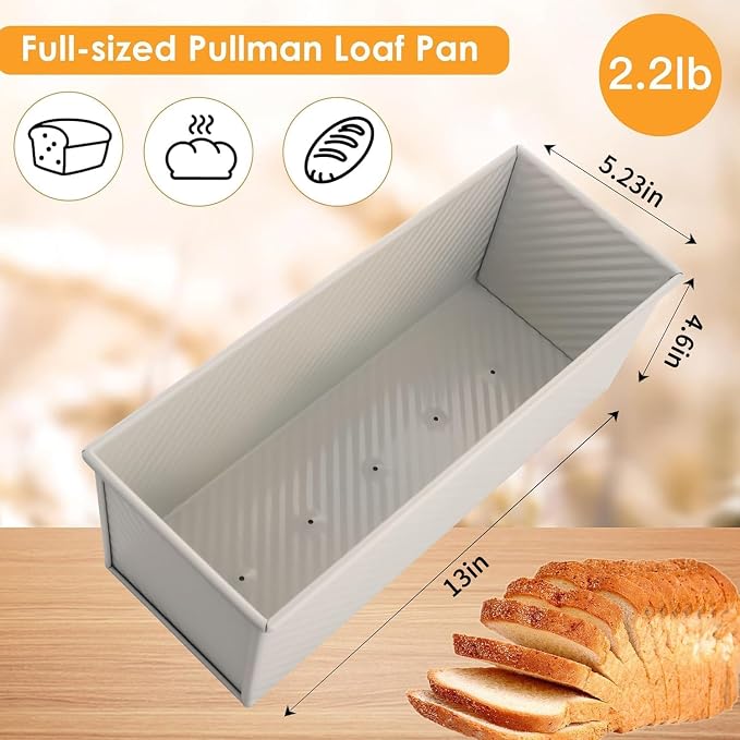 2-Pack Beige Pullman Loaf Pan with Lid, Long Nonstick Bread Pan for Toast & Sandwich Bread, Cream White Nonstick Loaf Pan, 3 Vented Holes & Ridged Design, Great for Baking Lovers and Home Use