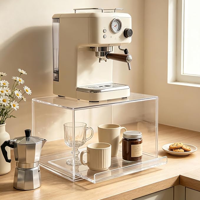Clear Acrylic Coffee Bar Drawer, Countertop Espresso Machine Stand with Storage, Kitchen Organizers and Accessories for Cups, Mugs, Pods (14" x 8.1" x 8.1")
