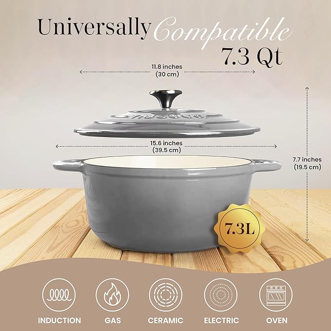 Cast Iron Dutch Oven with Lid - Non-Stick Ovenproof Enamelled Casserole Pot- Sturdy Dutch Oven Cookware - Grey, 7.3- Quart, 30cm- by Nuovva