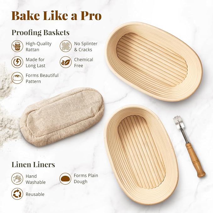 BAVIFY Sourdough Starter Kit, Banneton Bread Proofing Baskets Set | Complete Sourdough Bread Baking Supplies, Beginner Friendly Bread Making Kit, 2-Pack 10 in Oval Rattan Banneton Basket