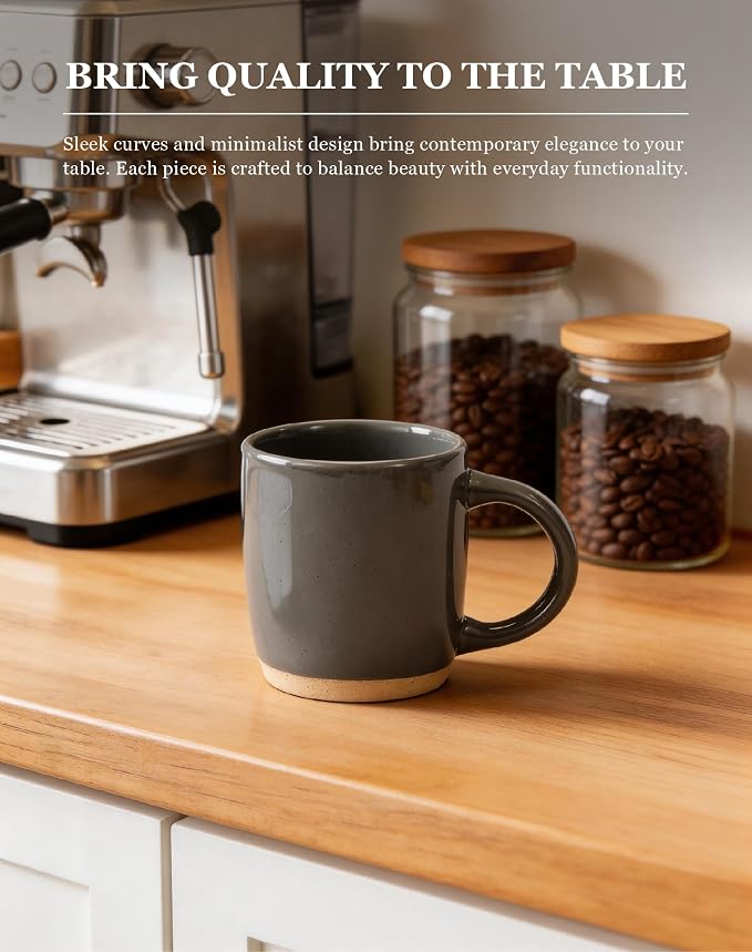 OTAGO Coffee Mugs for 6, 12 oz Mug Set, Partially Unglazed Base,Dringking Cup with Handle for Coffee, Tea, Cocoa, Milk, Gray