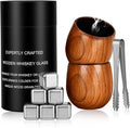 Charred Wooden Bourbon Drinking Glass Wooden Whiskey Glasses Set of 2 with 6 Stainless Steel Whiskey Stones and Tongs Old Fashioned Glass Bourbon Gifts for Men (2 Pack – Tube Gift Box)