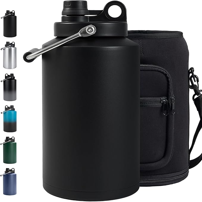Insulated Gallon Jug with Handle, One Gallon, 128oz Stainless Steel, Large Double Vacuum Water Bottle for Cold Drinks, Wide Mouth, Sweat Proof, Carrier bag, Great for Travel, Camping, Black