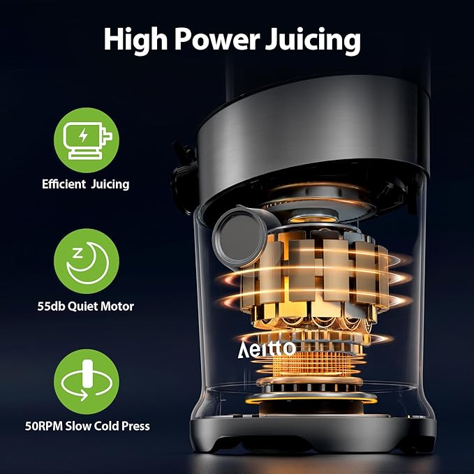 Cold Press Juicer For Whole Fruits, Aeitto Juicer Machines with Large Feed Chute, Self Feeding Juice Extractor Machine, Easy to Assemble, Easy to Clean & Use, High Juice Yield