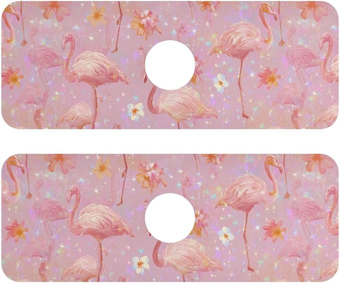 Kitchen Sink Splash Guard 2 PCS 14.7 Inch Sink Faucet Mat Splash Guard for Bathroom Countertop Water Absorbent Foldable Cuttable Soft Washable Pink Gradient Flamingo and Petals