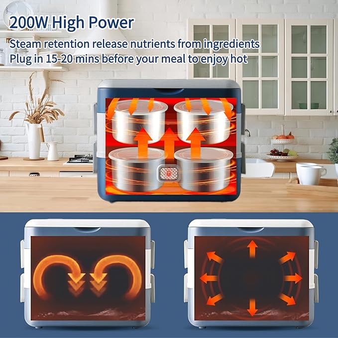Electric Lunch Box for Adults, 200W Heated Lunch Containers 2.4L(10Cups) Stainless Steel Electric Food Warmer,4 bowls Double Layer Quick Heatable Lunchbox for Office/Home
