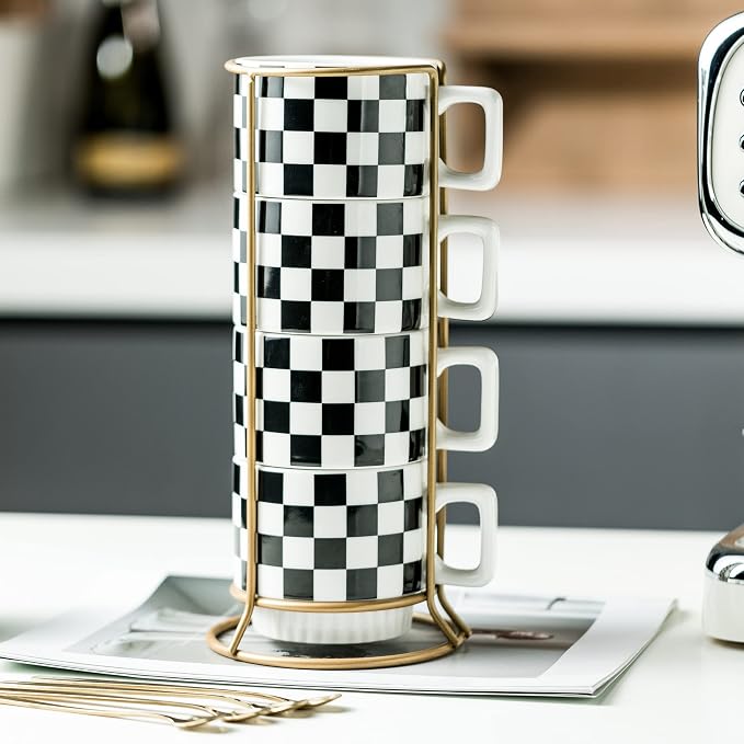 Miamolo Stackable Coffee Mug Set of 4 with Rack 11 oz Tea Cup Set with Little Spoon for Coffee Tea Cocoa Milk, Father's Day,Checkered Black and White Pattern Coffee Mug for Housewarming Gift