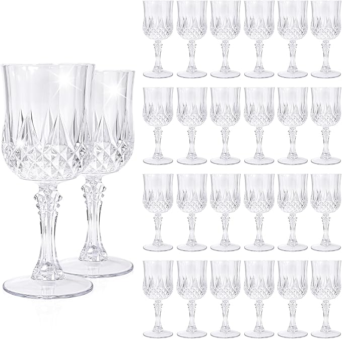 24 Pack Transparent Plastic Wine Glasses, Vintage Plastic Goblets for Parties, Drinking Glasses Unbreakable Glassware Crystal Water Goblets Reusable Drinkware for Wedding Reception Grand Event Party