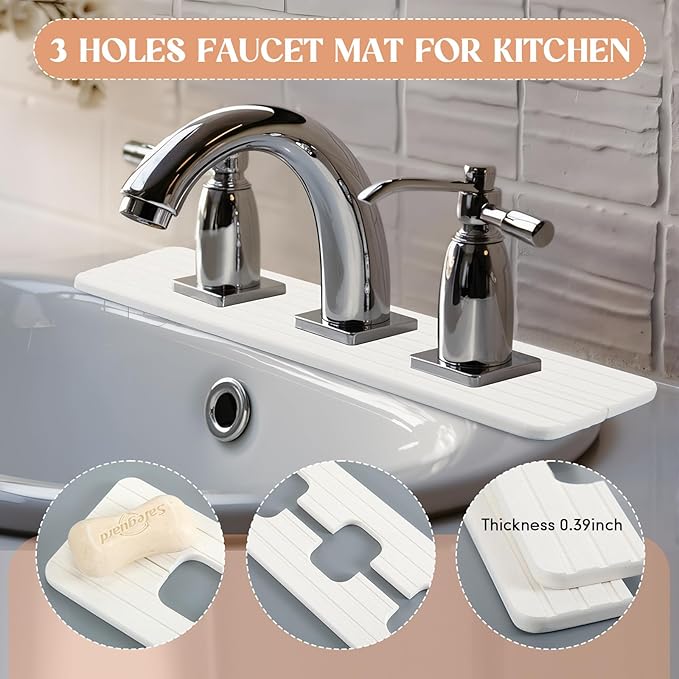 Teenyyou 3 Square Hole White Faucet Mat for Kitchen Sink Bathroom 16.14" x 4.49" Kitchen Faucet Absorbent Mat Diatomite Splash Guard Quick Drying Stone Drip Catcher Hole 1.97" Holes Spaced About 1.97"