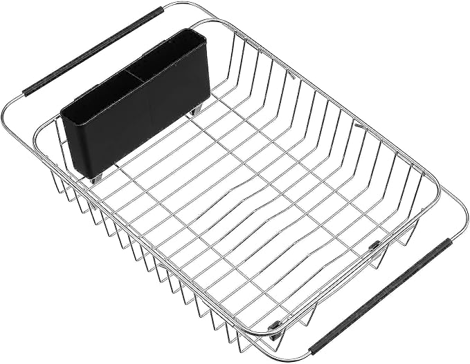 iPEGTOP Expandable Dish Drying Rack, Over The Sink Dish Rack, in Sink Or On Counter Dish Drainer with Black Utensil Holder Cutlery Tray, Rustproof Stainless Steel for Kitchen