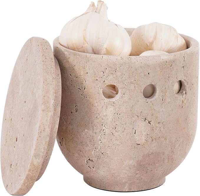 Marble Garlic Keeper 4.5 Inch Handmade Travertine Garlic Holder for Counter & Fresh Garlic Cloves, Storage Container for Gifts, Garlic Saver for Kitchen Countertop Decor