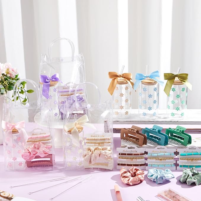 Suncalla 36 Pcs 6 Set Morandi Birthday Gifts for Women, Sleepover Spa Party Girls Trip Bachelorette Party Favors for 6 People, Daisy Glass Cup Bracelets Hair Bands Hair Clip Tote Bags Bows