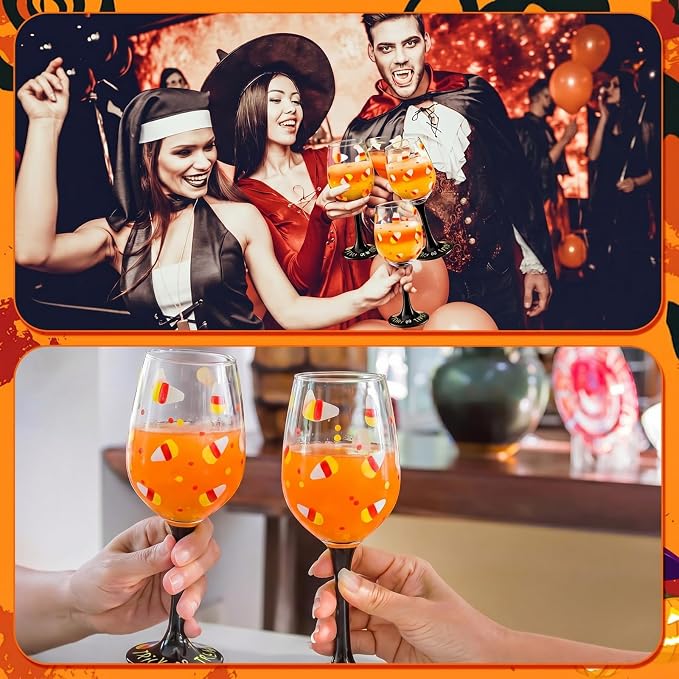 SiliFine 2 Pcs Halloween Candy Corn Theme Party Stemmed Wine Glasses Hand Painted Drinking Cup Wine Glasses Gifts for Halloween Birthday Theme Holiday Party Supplies