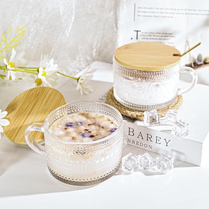 14oz Glass Coffee Mugs with Lid Set of 6 Vintage Glass with Spoon | Set of 6, Hobnail Sunflower Style, Includes Handle, Includes Spoon