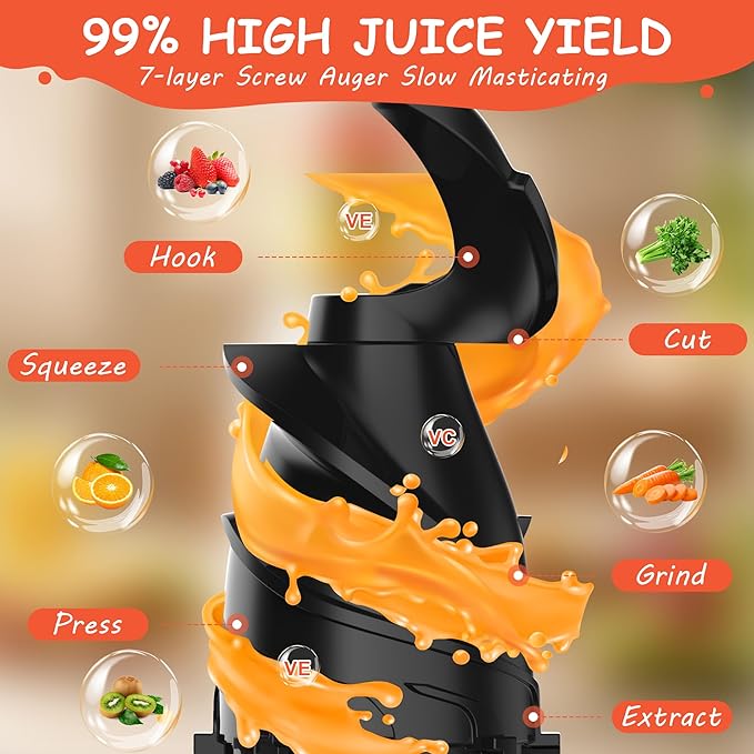 Hobsir Juicer Machines, 5.3-Inch Cold Press Juicers, Masticating Slow Juicer Machine with 300W, Large Feed Chute Juice Machines for Vegetables and Fruits, Easy to Clean Juicers Magic, Black