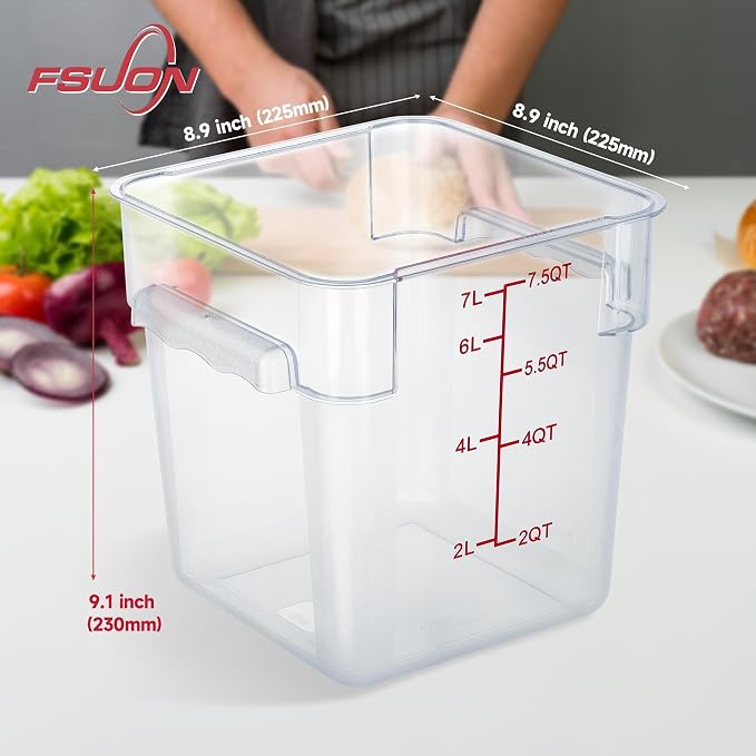 4 Pack 8 Qt Square Polycarbonate Food Storage Containers with Lids | Clear BPA-free PC with lids, side handles, measurement scale and stackable design; for food prep, storage and freezer use.