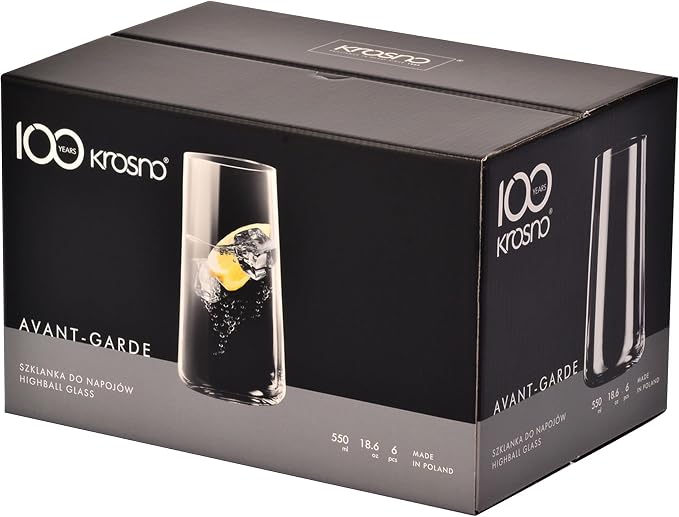 Krosno Tall Water Glasses, Set of 6, 18.3 oz, Avant-Garde Collection, Lightweight Crystal Glass, Perfect for Everyday, Dishwasher Safe, Made in Europe
