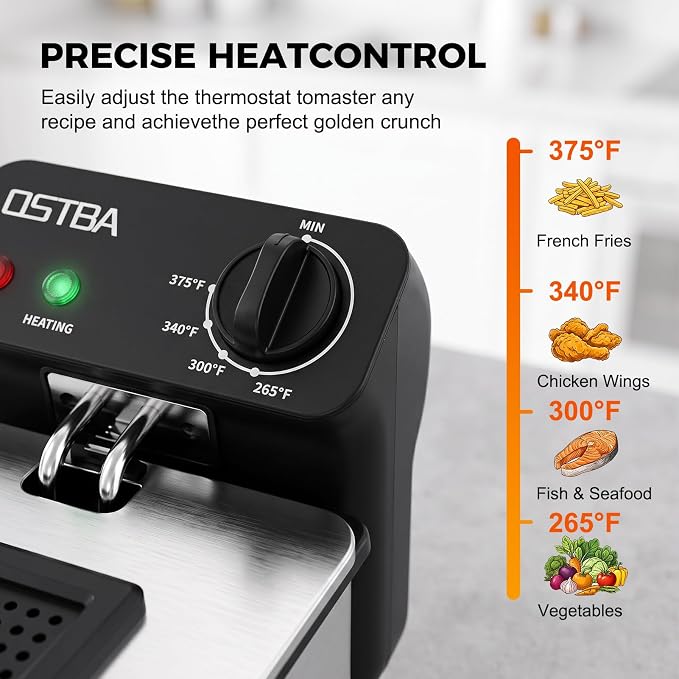 OSTBA Electric Deep Fryer with Basket, 1500W Stainless Steel Countertop Deep Fryer, 3.2QT Oil Capacity, Adjustable Temperature Control, Viewing Window, Removable Oil Container, Overheat Protection