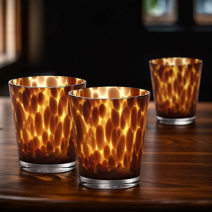 Honeydak Set of 4 Tortoise Leopard Print Brown 10 oz Rocks Glasses Stylish Stemless Cocktail Cups Glass Glassware Tumbler Ideal for Gin, Tequila, Vodka, Soft Drinks