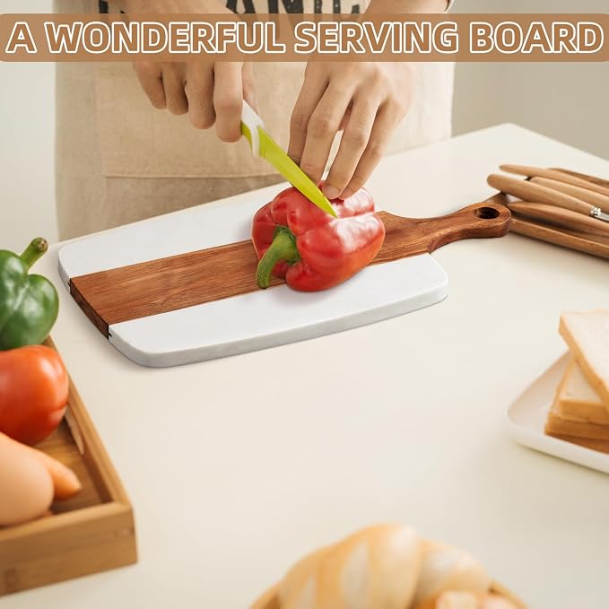 Zubebe 6 Pcs Marble and Wood Cutting Board Acacia Wooden Marble Serving Tray with Handle Charcuterie Chopping Board for Kitchen Wedding Bridal Shower Gift(14 Inches X 7 Inches)