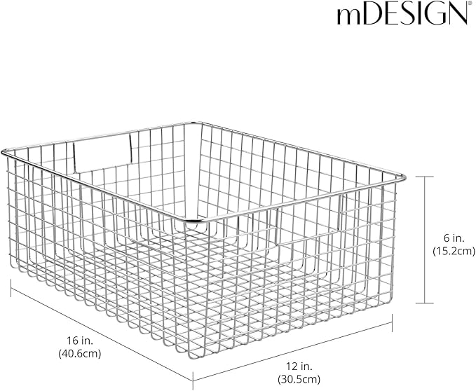 mDesign Metal Wire Food Storage Basket Organizer with Handles for Organizing Kitchen Cabinets, Pantry Shelf, Bathroom, Laundry Room, Closets, Garage - Concerto Collection - 2 Pack - Chrome