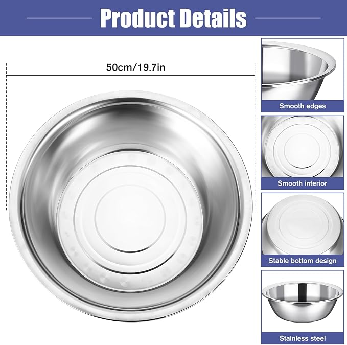 Nuogo 2 Pack 17 Quart Large Mixing Bowl Oversized All Purpose Stainless Steel Mixing Bowl Metallic Flat Base for Home Commercial Prepping Baking Marinating Cooking Brining